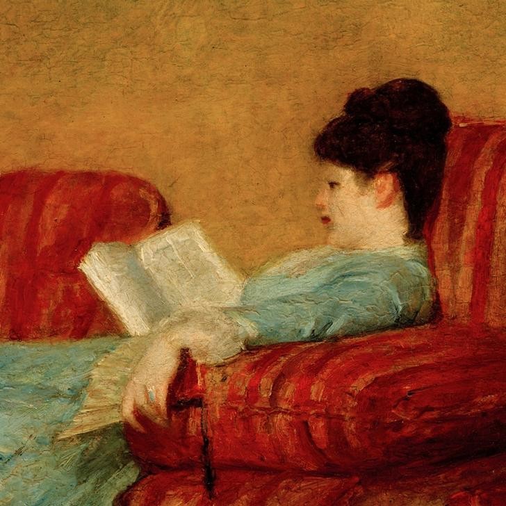 Mary Cassatt, Young Lady Reading (Buch,Frau,Jugend (Lebensalter),Kunst,Literatur,Mensch,Möbel,Freizeit,Sitzmöbel,Impressionismus,Frauenkunst,Portrait,Lesen (Allgemein),Sofa,Amerikanische Kunst,Us-Amerikanische Kunst,Frauenleben,Profil,Leserin,Sitzen,Junge Frau,Entspannung,Liegen,Hochfrisu)