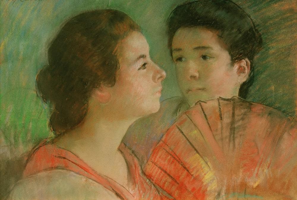 Mary Cassatt, Two Sisters (Fächer,Familie,Frau,Geschwister,Jugend (Lebensalter),Kunst,Mensch,Impressionismus,Schwester,Frauenkunst,Portrait,Amerikanische Kunst,Us-Amerikanische Kunst,Profil,Jahrhundertwende,Junge Frau,Doppelportrait,Privatsammlung,Brustbild,Braune Haare,Halbprofil,)