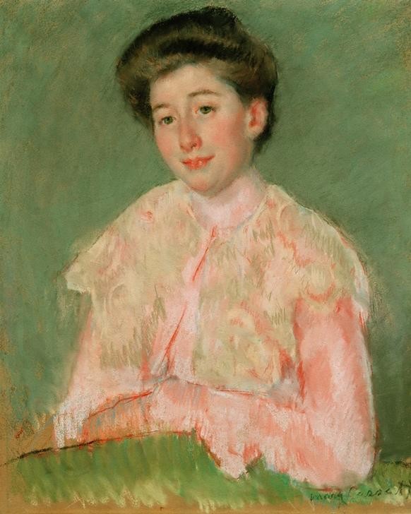 Mary Cassatt, Portrait of a Smiling Woman in a Pink Blouse (Damenmode,Frau,Kunst,Mensch,Mode,Impressionismus,Frauenkunst,Portrait,Bluse,Amerikanische Kunst,Lächeln,Us-Amerikanische Kunst,Kleidung (Allgemein),Mimik,Jahrhundertwende,Rosa (Farbe),Braune Haare,Halbfigur,Halbprofil,Signatur,Farbe)