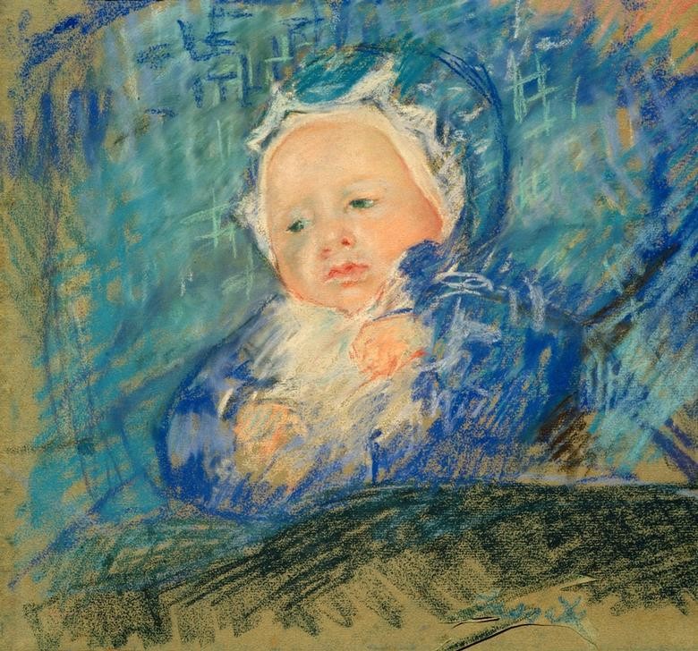 Mary Cassatt, Child on a Blue Cushion (Baby,Kindermode,Kind,Kopfbedeckung,Kunst,Mensch,Mode,Impressionismus,Frauenkunst,Portrait,Kissen,Haube,Amerikanische Kunst,Us-Amerikanische Kunst,Kleidung (Allgemein),Blau,Kopf,Mütze,Farbe)