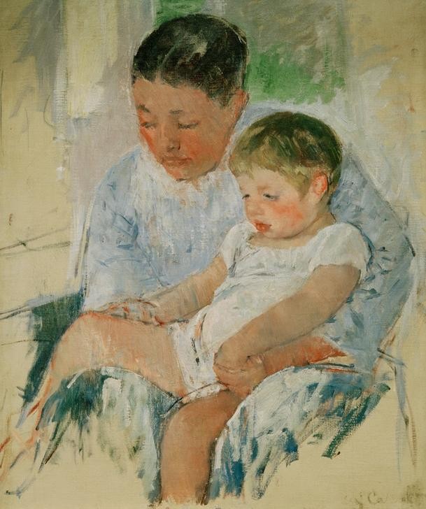 Mary Cassatt, Jenny and Her Sleepy Child (Familie,Frau,Kind,Kunst,Mensch,Mutter Und Kind,Impressionismus,Kleinkind,Frauenkunst,Portrait,Amerikanische Kunst,Müdigkeit,Us-Amerikanische Kunst,Einschlafen,Kinderleben,Frauenleben,Sitzen,Halbfigur,Kind Auf Dem Schoss,Schlafen (Schlaf))