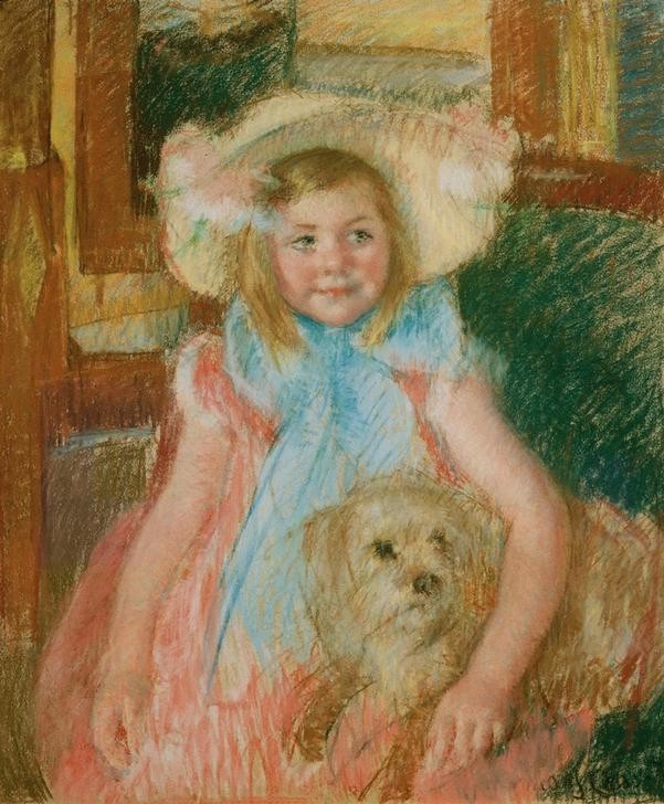 Mary Cassatt, Little Girl in a Bonnet with a Dog (Kindermode,Kind,Kopfbedeckung,Kunst,Mädchen,Mensch,Mode,Impressionismus,Hut,Hund,Frauenkunst,Portrait,Strohhut,Kind Und Tier,Tierliebe,Amerikanische Kunst,Lächeln,Kleid,Haustier,Us-Amerikanische Kunst,Blonde Haare,Kleidung (Allgemein),Kinderleben,Schleife)