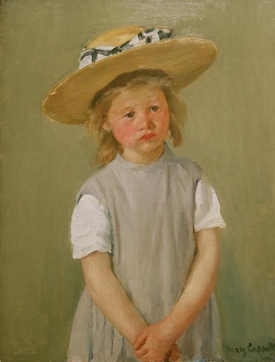 Mary Cassatt, Child in a Straw Hat (Kindermode,Kind,Kopfbedeckung,Kunst,Mädchen,Mensch,Mode,Impressionismus,Hut,Frauenkunst,Portrait,Strohhut,Amerikanische Kunst,Kleid,Traurigkeit,Us-Amerikanische Kunst,Blonde Haare,Kleidung (Allgemein),Mimik,Gefühl (Stimmung),Halbfigur,Körperhaltung,Negati)