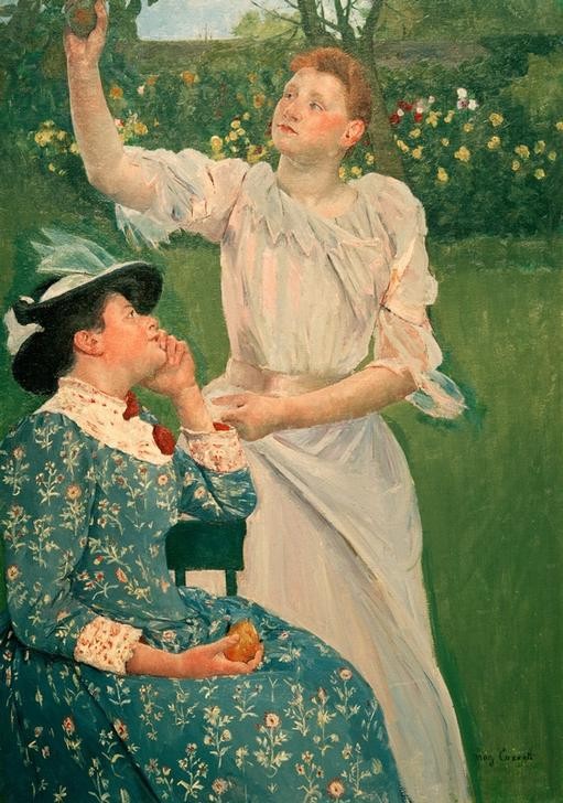 Mary Cassatt, Young Women Picking Fruit (Damenmode,Ernte,Frau,Früchte,Garten Und Park,Kunst,Landschaft,Mensch,Mode,Obstbau,Obst,Impressionismus,Nahrungsmittel,Frauenkunst,Amerikanische Kunst,Birne,Kleid,Us-Amerikanische Kunst,Menschen Im Garten,Kleidung (Allgemein),Frauenleben,Blume,Junge Frau,G)