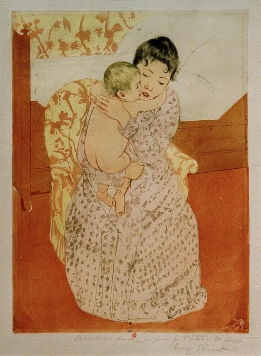 Mary Cassatt, Woman and Child (Baby,Damenmode,Familie,Frau,Handschrift,Kind,Kunst,Mensch,Mode,Mutter Und Kind,Impressionismus,Akt,Frauenkunst,Portrait,Umarmung,Amerikanische Kunst,Mutterliebe,Kleid,Nacktheit,Zärtlichkeit,Us-Amerikanische Kunst,Kinderliebe,Kleidung (Allgemein),Sessel,Ki)