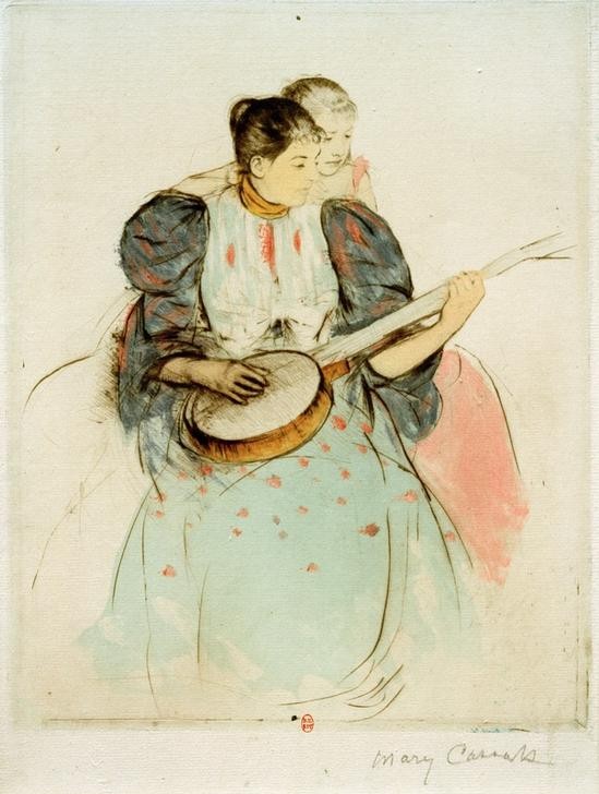 Mary Cassatt, The Banjo Lesson (Frau,Kind,Kunst,Mädchen,Mensch,Musik,Pädagogik,Saiteninstrument,Impressionismus,Instrument,Frauenkunst,Unterricht,Lernen,Amerikanische Kunst,Banjo,Us-Amerikanische Kunst,Kinderleben,Frauenleben,Musikunterricht,Musikpädagogik,Junge Frau,Zupfinstrument,Sign)