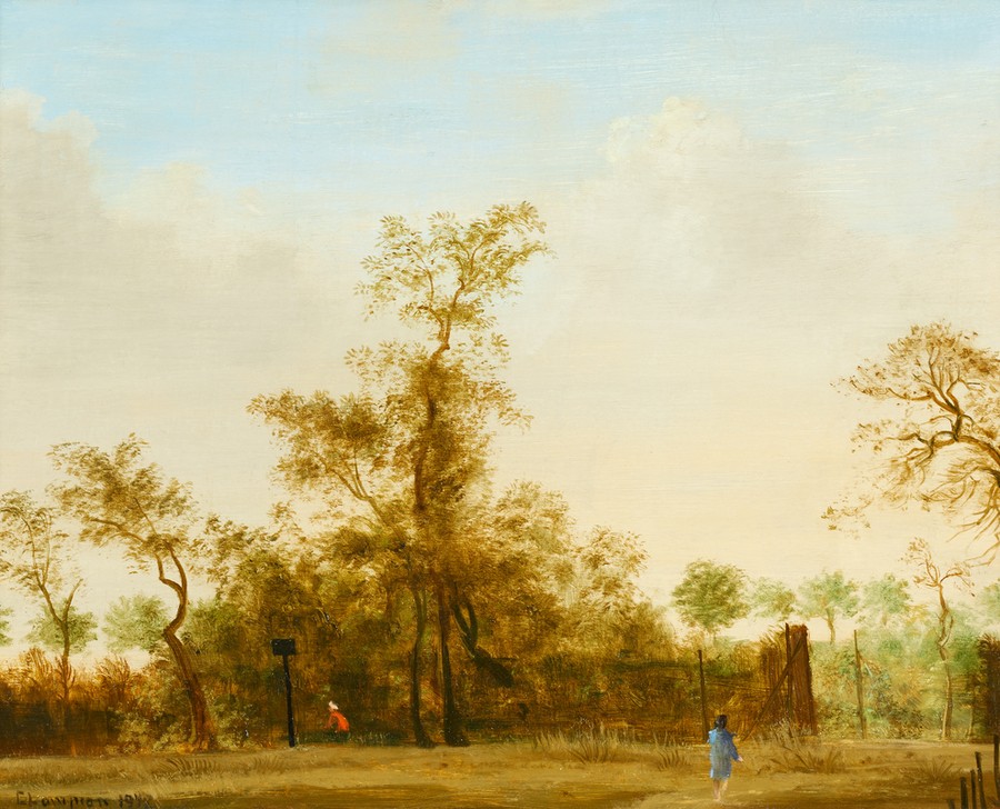 Theo Champion, Am Rheindamm bei Kaiserswerth (Landschaft, Landschaftsmalerei, Bäume, Spaziergänger, Idylle, Realismus, Moderne, Wunschgröße, Wohnzimmer)