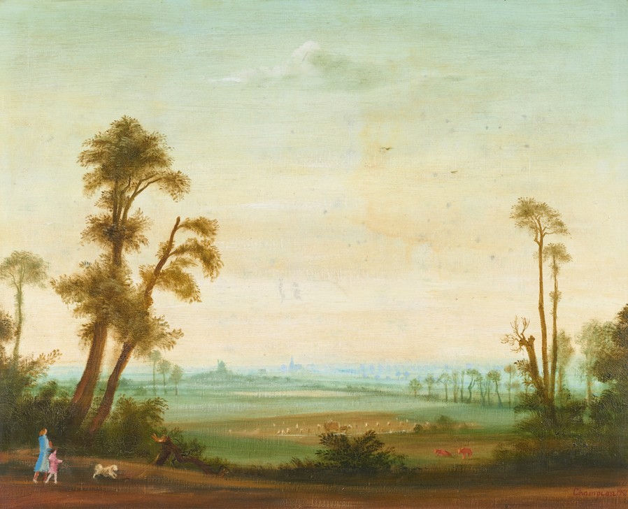 Theo Champion, Landschaft mit Spaziergängern (Landschaft, Landschaftsmalerei, Bääume, Panorama, Horizont, Sommer, Realismus, Moderne, Wunschgröße, Wohnzimmer)