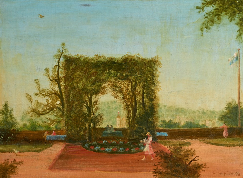 Theo Champion, Wirtshausgarten (DEUTSCHE KUNST, GASTHAUS, KUNST, LANDSCHAFT, MENSCHEN IM PARK, FREIZEIT, SOMMER, NEUE SACHLICHKEIT, GARTEN)