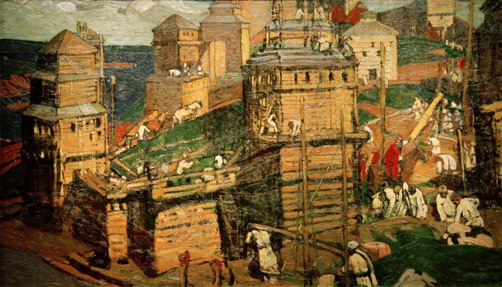 Nikolai Konstantinowitsch Roerich, Bau einer Stadt (Arbeit,Architektur,Geschichte,Kunst,Stadt,Holz,Städtebau,Urbanistik,Baustelle,Bauarbeiter,Russische Kunst,Bauarbeiten,Jahrhundertwende)