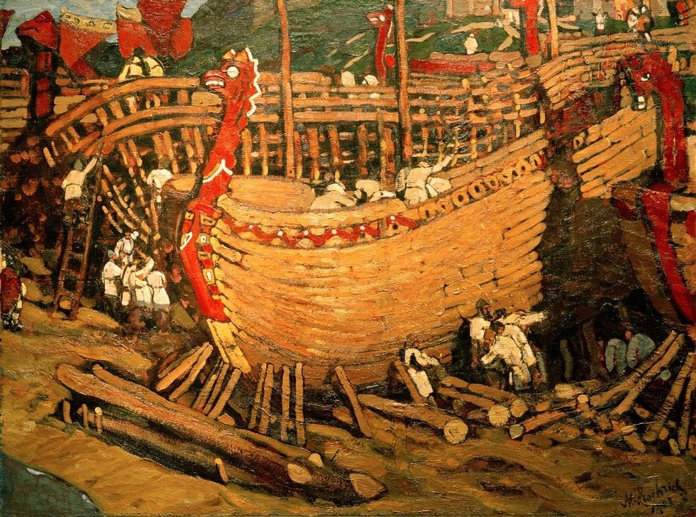 Nikolai Konstantinowitsch Roerich, Bau von Schiffen (Arbeit,Geschichte,Kunst,Schiff,Schiffsbau,Holz,Russische Kunst,Jahrhundertwende,Baumstamm,Signatur,Schifffahrt)