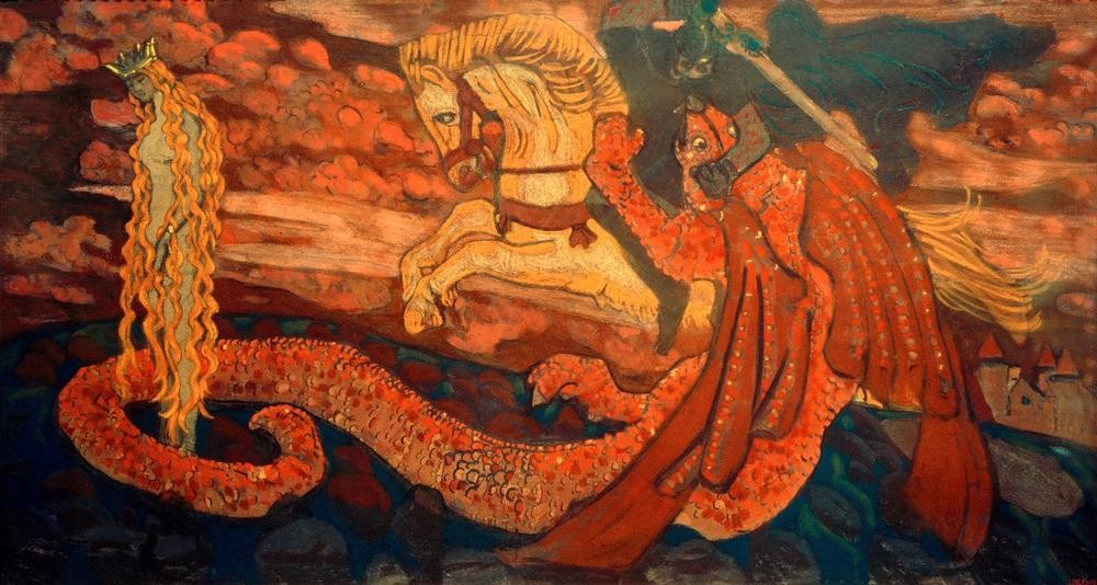 Nikolai Konstantinowitsch Roerich, Zmiewna (Die Tochter des Drachen) (Frau,Held,Kunst,Literatur,Märchen,Mensch,Mythologie,Pferd (Tier),Ritter,Reiter,Fabelwesen,Kampf Zwischen Mensch Und Tier,Prinzessin,Russische Kunst,Kampf,Volkssage,Blonde Haare,Tier,Langes Haar,Jahrhundertwende,Drache (Fabelwesen))
