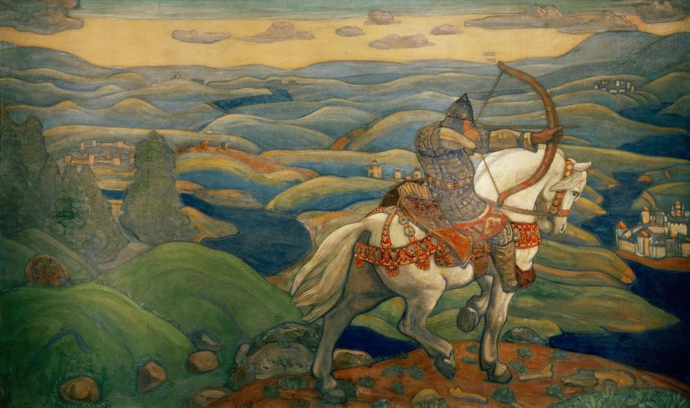 Nikolai Konstantinowitsch Roerich,  Ilja Muromez (Gebirge,Geschichte,Sage,Held,Kunst,Landschaft,Literatur,Märchen,Mann,Mythologie,Pferd (Tier),Ritter,Schiessen,Waffe,Reiter,Russische Kunst,Volkssage,Tier,Bogenschütze,Epos,Krieger,Pfeil Und Bogen,Recke (Held))