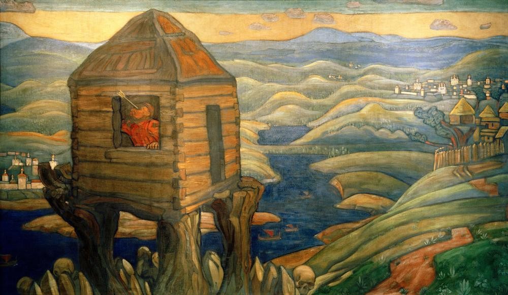 Nikolai Konstantinowitsch Roerich, Räuber Nachtigall (Architektur,Gebirge,Geschichte,Haus,Sage,Kunst,Landschaft,Literatur,Märchen,Mann,Mythologie,Pfahlbau,Pfeil,Räuber,Waffe,Fluss,Verletzung,Augen,Russische Kunst,Architekturdarstellung,Totenkopf,Baumhaus,Volkssage,Holzhaus,Epos,Ausblick)