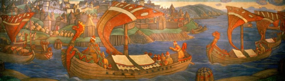 Nikolai Konstantinowitsch Roerich, Sadko (Architektur,Geschichte,Sage,Held,Küste,Kunst,Landschaft,Literatur,Märchen,Mythologie,Schiff,Segelschiff,Stadt,Stadtmauer,Meer,Flotte,Marinemalerei,Russische Kunst,Volkssage,Epos,Befestigung,Schifffahrt)