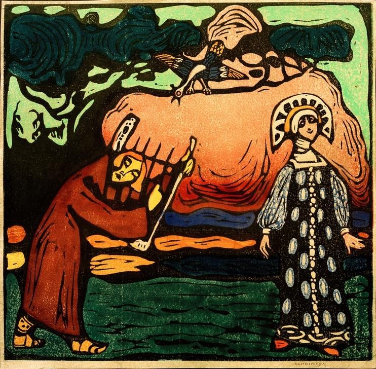 Wassily Kandinsky, Dulcimerspieler (Frau,Harfe,Konzert,Kunst,Landschaft,Mann,Musik,Saiteninstrument,Ständchen,Tracht,Vogel,Volkskunde,Zither,Leier,Instrument,Der Blaue Reiter,Russische Kunst,Paar,Kleidung (Allgemein),Tier,Musikant,Jahrhundertwende,Land Und Leute,Lyra)