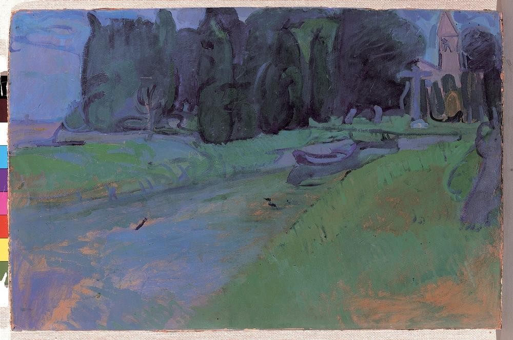 Gino Rossi, S. Francesco del Deserto (Insel,Brücke,Geographie,Haus,Kanal,Kloster,Kunst,Landschaft,Schatten,Lampe,Wiese,Vedute,Italienische Kunst,Im Freien (Allgemein),Ländliche Szene,Topographie,Milan,Gebäude,Farben,Formen,Muster,Horizontale)