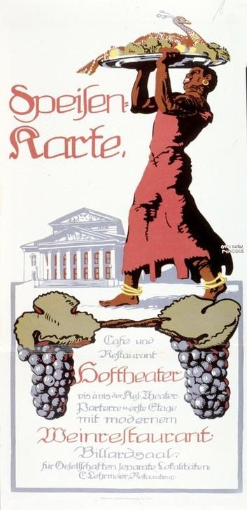 Otto Ludwig Naegele, Speisenkarte / Cafe und Restaurant Hoftheater (….) C.Lehr (DEUTSCHE KUNST, GASTRONOMIE, BEDIENUNG, SPEISEKARTE, WERBUNG, PLAKAT, NAHRUNGSMITTEL, PFAU, RESTAURANT, GEFLÜGEL, KELLNER, GEBRAUCHSGRAFIK, CAFE, WEINTRAUBE, LASTTRÄGER, VORKRIEGSZEIT, SERVIERPLATTE, BLAUE WEINTRAUBE, AUF DEM KOPF TRAGEN, SCHWARZER)
