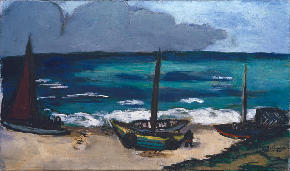 Max Beckmann, Aufziehendes Gewitter am Meer (Meer, Meeresbrise, Horizont, Wolken, Unwetter, Strand, Boote, Klassische Moderne, Malerei, Expressionismus, Wunschgröße, Wohnzimmer, bunt)