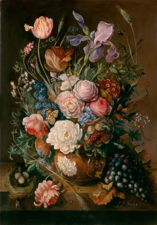 Franz Xaver Pieler, Blumenstillleben (Stillleben, Blumen, üppig, Blumenbouquet, Trauben, Vogelnest, Eier, Schmetterling, naturalisitsch, Wunschgröße, Wohnzimmer, Esszimmer)