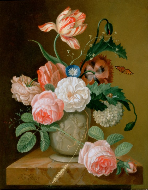 Franz Xaver Pieler, Blumenstillleben (Stillleben, Blumen, Rosen, Tulpen, üppig, Blumenbouquet, Keramik Vase,  Schmetterling, naturalisitsch, Wunschgröße, Wohnzimmer, Esszimmer)