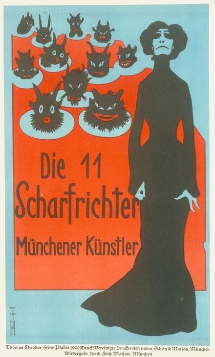 Thomas Theodor Heine, Die 11 Scharfrichter / Münchener Künstler (Deutsche Kunst,Frau,Satire,Jugendstil,Kabarett,Karikatur,Kunst,Theater,Variete (Entertainment),Plakat,Revue (Musiktheater),Teufel,Jahrhundertwende,Schwarz,Rot,Ganzfigurig,Elf Scharfrichter)