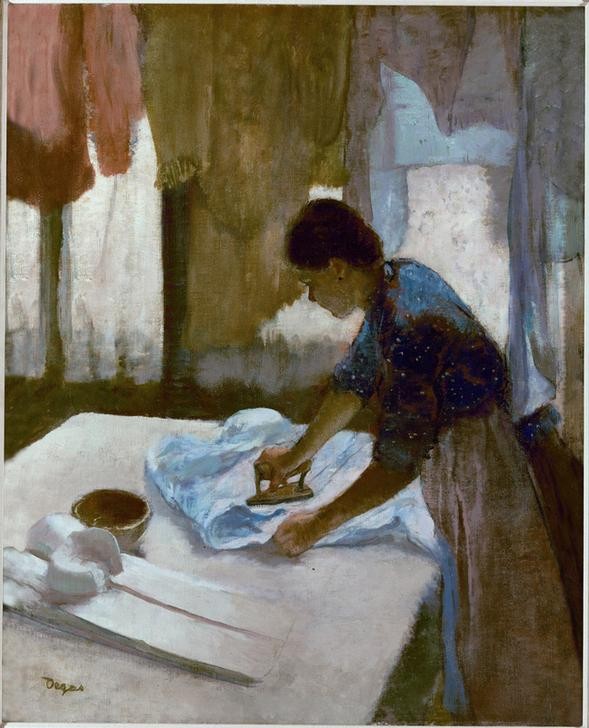 Edgar Degas, Büglerin (Arbeit,Beruf,Bügeleisen,Frau,Hausarbeit,Volkskunde,Impressionismus,Hausfrau,Französische Kunst,Dienstmädchen,Hemd,Bügeln,Frauenleben,Hauspersonal,Büglerin,Land Und Leute,Alltag)