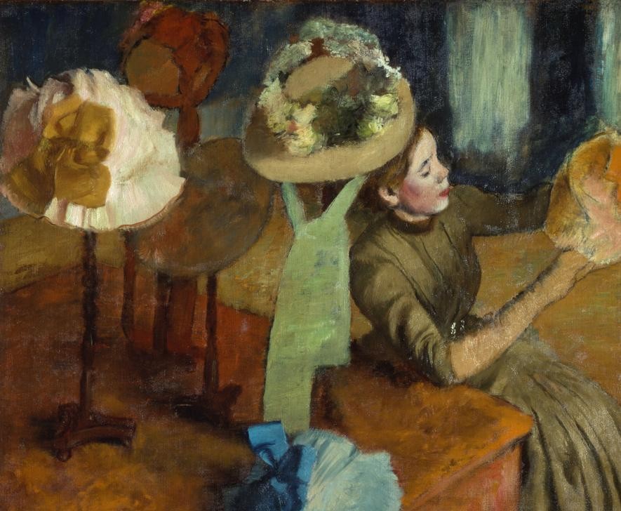 Edgar Degas, Bei der Hutmacherin (Beruf,Damenhut,Frau Und Beruf,Handarbeit,Handel,Handschuh,Hutmacher,Mode,Volkskunde,Werkstatt (Allgemein),Modistin,Impressionismus,Hut,Französische Kunst,Einkauf,Kleidung (Allgemein),Hutmacherin,Land Und Leute,Mütze,Alltag,Gewerbe,Geschäft)