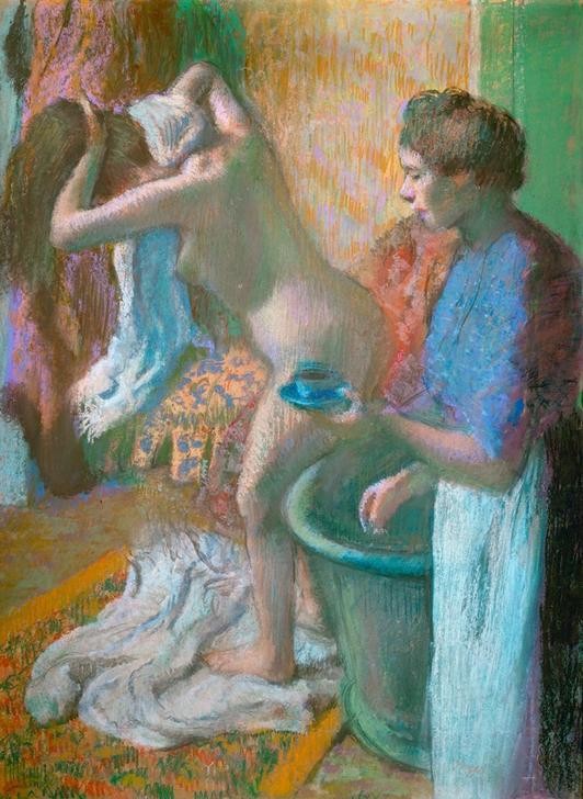 Edgar Degas, Frühstück nach dem Bade (Körperpflege,Bad,Frau,Haarpflege,Kaffee,Bedienung,Wohnung,Tageszeiten,Morgen,Impressionismus,Akt,Frühstück,Rückenakt,Französische Kunst,Dienstmädchen,Alltagskultur,Abtrocknen,Tasse,Zuber)