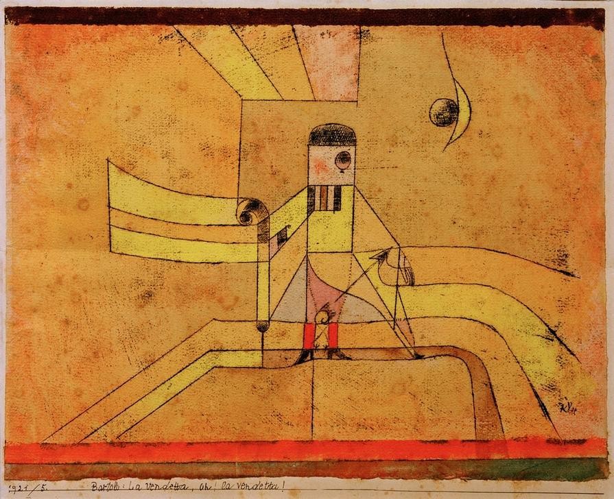 Paul Klee, Bartolo: La vendetta, Oh! la vendetta! (Bauhaus,Deutsche Kunst,Mann,Mensch,Oper,Opernsänger,Rollenbild,Sänger,Rache,Bühne,Schweizerische Kunst,Abstraktion,Arie,Privatsammlung)