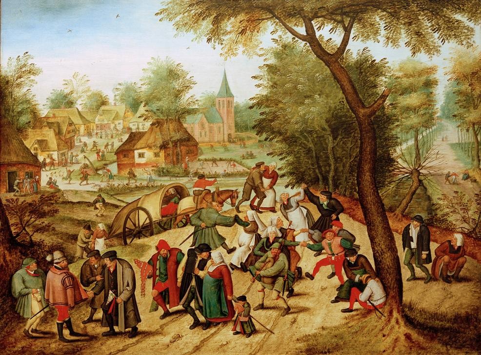 Pieter Brueghel der Jüngere, Hochzeitstanz im Freien (Bauernhaus,Dudelsack,Hochzeit,Liebe Und Ehe,Mensch,Musik,Tanz,Volkskunde,Instrument,Renaissance,Volkstanz,Niederländische Kunst,Im Freien (Allgemein),Landleben,Ausgelassenheit,Landbevölkerung,Dorfleben,Land Und Leute,Garten)