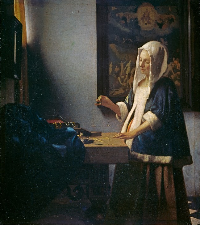 Jan Vermeer, Die Perlenwägerin (Damenmode,Frau,Mensch,Mode,Pelz,Schmuck,Waage (Gerät),Wohnung,Perle,Barock,Bild Im Bild,Technik,Perlenkette,Interieur,Niederländische Kunst,Frauenleben,Pendelwaage,Pelzbesatz)