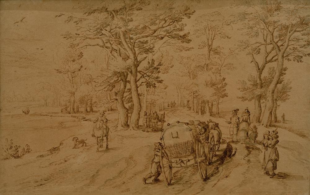 Jan Brueghel der Ältere, Kutsche auf einer Landstraße (Flämische Kunst,Kutsche,Kunst,Landstrasse,Landschaft,Pferdewagen,Transport,Verkehr,Barock,Niederländische Kunst,Fuhrwerk)