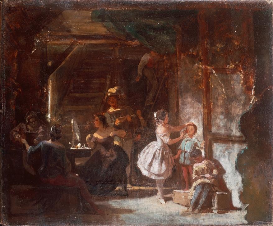 Carl Spitzweg, Hinter den Kulissen (Körperpflege,Deutsche Kunst,Fahrendes Volk,Gesellschaft,Kind,Kosmetik,Schauspieler,Schminke,Theater,Biedermeier,Garderobe,Wanderbühne,Scheune,Auswendiglernen,Hinter Den Kulissen)