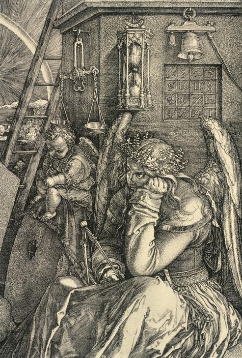 Albrecht Dürer, Melancholie (Deutsche Kunst,Engel,Psychologie,Temperamente,Waage (Gerät),Ziffer,Renaissance,Allegorie,Depression,Melancholie,Langeweile,Zeit,Stundenglas,Leben,Ziffernblatt,Waagschale,Magisches Quadrat,Ausschnitt)