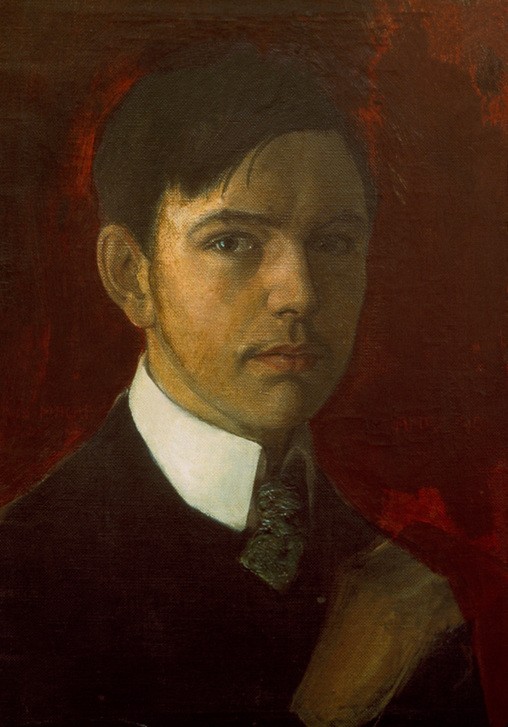 August Macke, Selbstbildnis (Künstler, Maler, Selbstbildnis, Portrait, junger Mann,  Wohnzimmer, Treppenhaus, Expressionismus,  Klassische Moderne, Malerei, Wunschgröße, bunt)