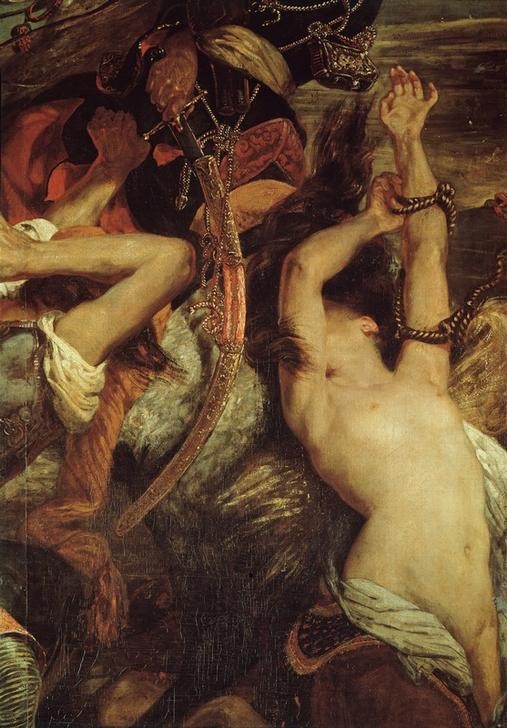 Eugene Delacroix, Scènes des massacres de Scio (Frau,Geschichte,Säbel,Tod,Waffe,Massaker,Akt,Aufstand,Griechischer Unabhängigkeitskrieg,Französische Kunst,Gewalt,Sterben,Osmanisches Reich,Fesselung,Romantik,Unterdrückung,Opfer (Gewalt),Ausschnitt)