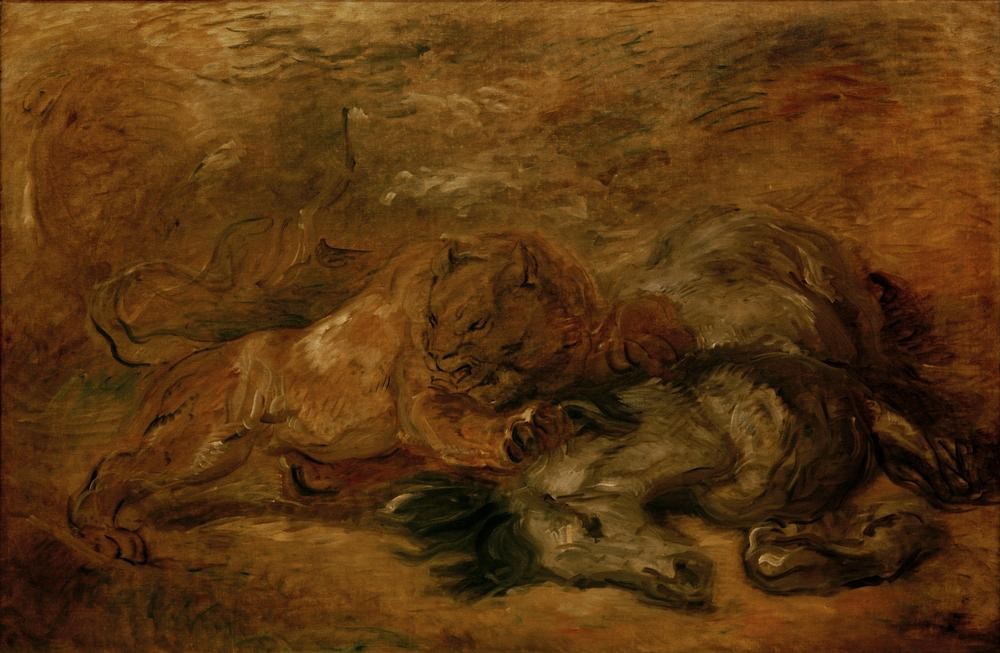 Eugene Delacroix, Lionne, dévorant un cheval (Kunst,Löwe (Tier),Pferd (Tier),Zoologie,Französische Kunst,Tierleben,Raubkatze,Exotik,Beute,Raubtier,Tier,Romantik,Fressen,Löwin,Kampf Zwischen Tieren)