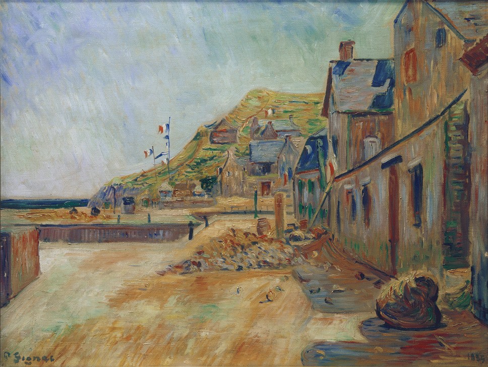 Paul Signac, Porten-Bessin. Le 14. Juillet (Bauernhaus,Flagge,Geschichte,Küste,Strand,Impressionismus,Nationalfeiertag,Architekturdarstellung,Französische Kunst,Nationalismus,Trikolore,Beflaggung,Fahne)