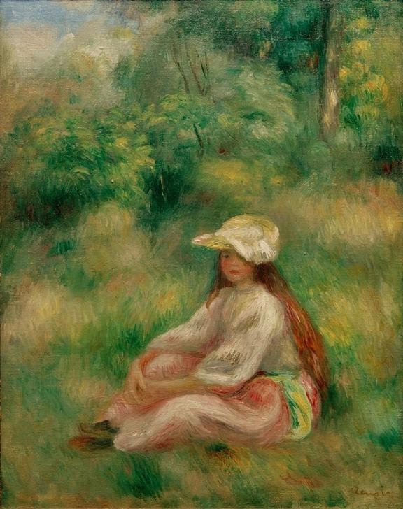 Pierre-Auguste Renoir, Jeune fille en rose dans un paysage (Kind,Landschaft,Mädchen,Maler (Künstler),Mensch,Impressionismus,Portrait,Strohhut,Französische Kunst,Im Freien (Allgemein),Sonnenhut,Sitzen,Rosa (Farbe))
