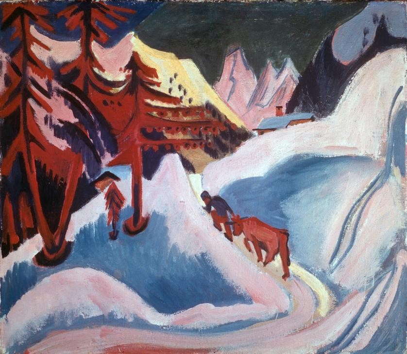 Ernst Ludwig Kirchner, Winter in Davos (Bauer (Landwirt),Deutsche Kunst,Gebirge,Geographie,Jahreszeiten,Kunst,Landschaft,Rind,Winter,Schnee,Expressionismus,Stadtansicht,Weg,Die Brücke,Ansicht,Topographie,Senn)