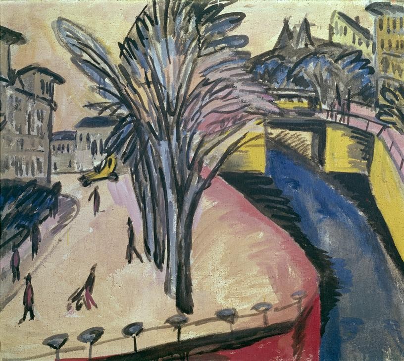 Ernst Ludwig Kirchner, Gelbes Engelufer (Brücke,Deutsche Kunst,Geographie,Kanal,Kunst,Stadt,Strasse (Allgemein),Strassenszene,Urbanistik,Grossstadt,Baum,Expressionismus,Stadtansicht,Die Brücke,Ansicht,Topographie,Gelb,Stadtleben,Wasserweg)