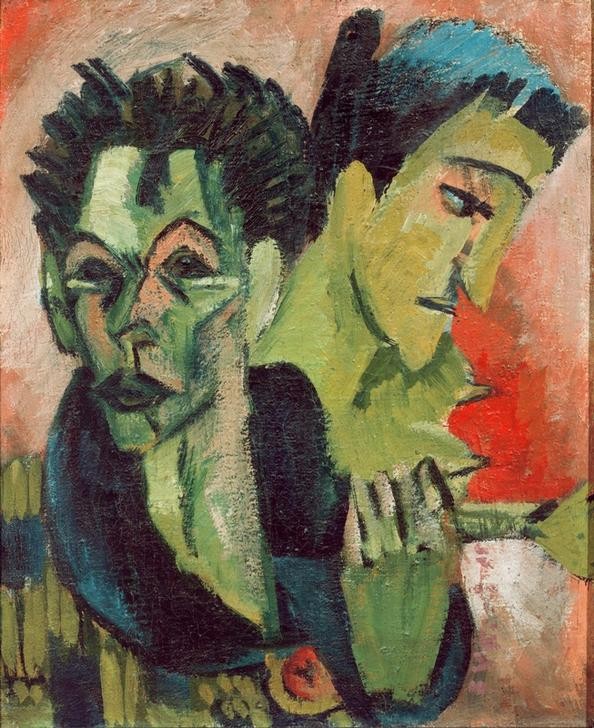 Ernst Ludwig Kirchner, Selbstbildnis mit Mädchen (Bildhauer,Deutsche Kunst,Grafiker,Frau,Künstler,Kunst,Maler (Künstler),Mann,Selbstbildnis,Portrait,Expressionismus,Die Brücke,Doppelportrait,Brustbild,Person)