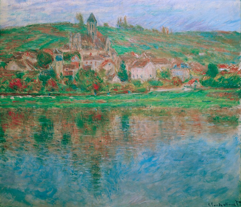 Claude Monet, Vétheuil (Gewässer, Landschaft, Stadt, Fluss, Spiegelung, Stadtansicht, Hügel, Idylle, Französische Kunst, Impressionismus, Wunschgröße, Wohnzimmer, Klassiker, Malerei,)