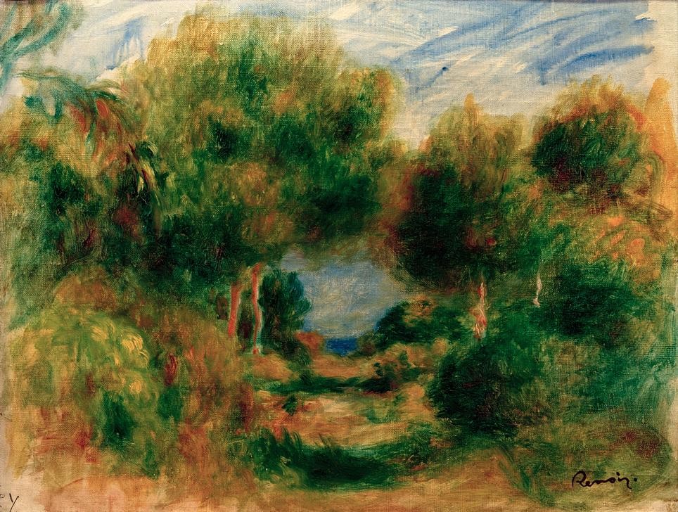 Pierre-Auguste Renoir, Sortie du bois, mer au fond (Kunst,Landschaft,Maler (Künstler),Wald,Meer,Impressionismus,Französische Kunst,Aussicht)