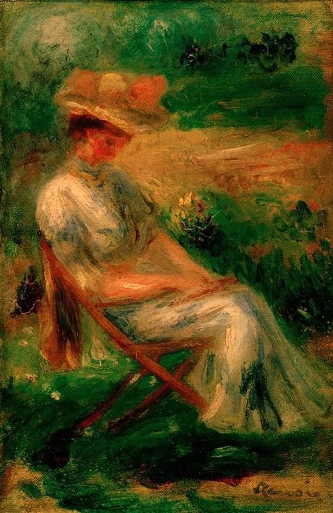 Pierre-Auguste Renoir, Femme assise dan un jardin (Damenhut,Frau,Garten Und Park,Menschen Im Park,Sitzmöbel,Impressionismus,Hut,Portrait,Französische Kunst,Menschen Im Garten,Stuhl,Frauenleben,Sitzen,Jahrhundertwende,Gartenstuhl,Ganzfigurig,Garten)