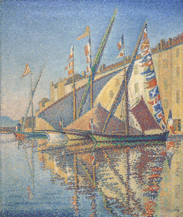 Paul Signac, Tartanes pavoisées (Flagge,Hafen,Kunst,Schiff,Schiffstypen,Segelschiff,Impressionismus,Segelboot,Pointillismus,Französische Kunst,Beflaggung,Fahne,Schifffahrt)