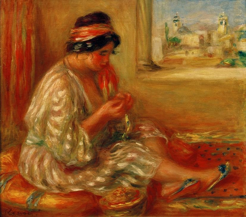 Pierre-Auguste Renoir, Gabrielle en Algérienne (Frau,Handarbeit,Maler (Künstler),Mensch,Impressionismus,Orientalismus,Portrait,Nähen,Französische Kunst,Kindermädchen,Exotik,Sitzen,Tunika,Ganzfigurig,Verkleidung)
