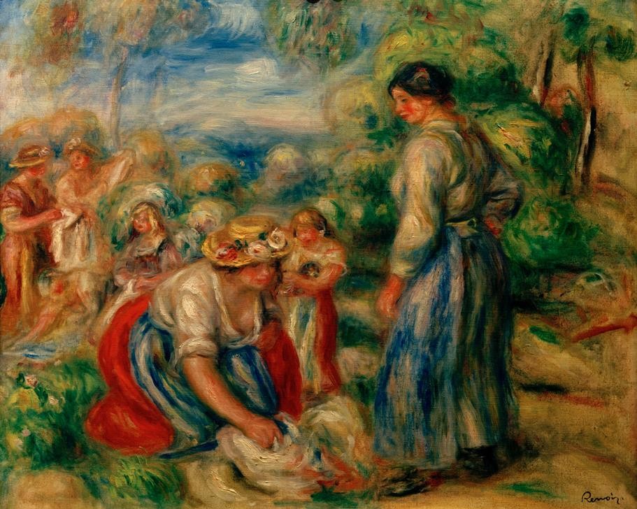 Pierre-Auguste Renoir, Les Laveuses (Arbeit,Frau,Hausarbeit,Maler (Künstler),Mensch,Impressionismus,Französische Kunst,Im Freien (Allgemein),Wäsche,Frauenleben,Wäscherin,Alltag)