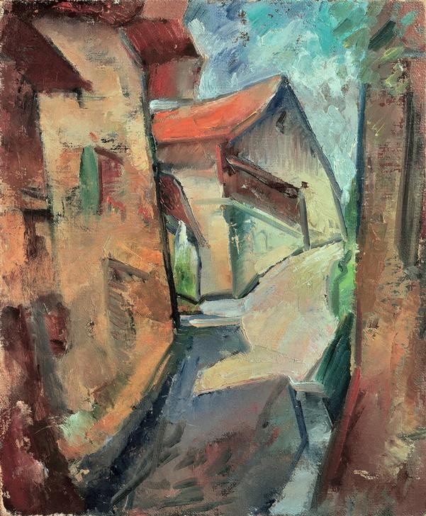 Ernst Ludwig Kirchner, Dorf (Bauernhaus,Deutsche Kunst,Dorfstrasse,Dorf,Haus,Kunst,Strasse (Allgemein),Wohnhaus (Allgemein),Expressionismus,Architekturdarstellung,Die Brücke,Ansicht)